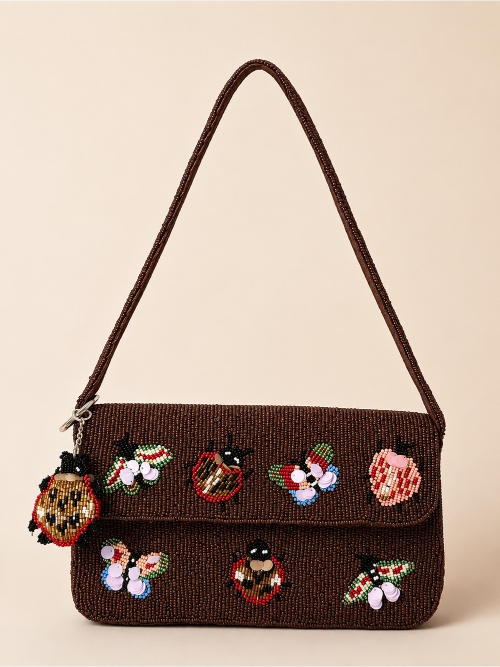 Beaded Brown Insect Shoulder Bag